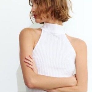 Zara Knit Ribbed knit High Neck Halter Top in White
